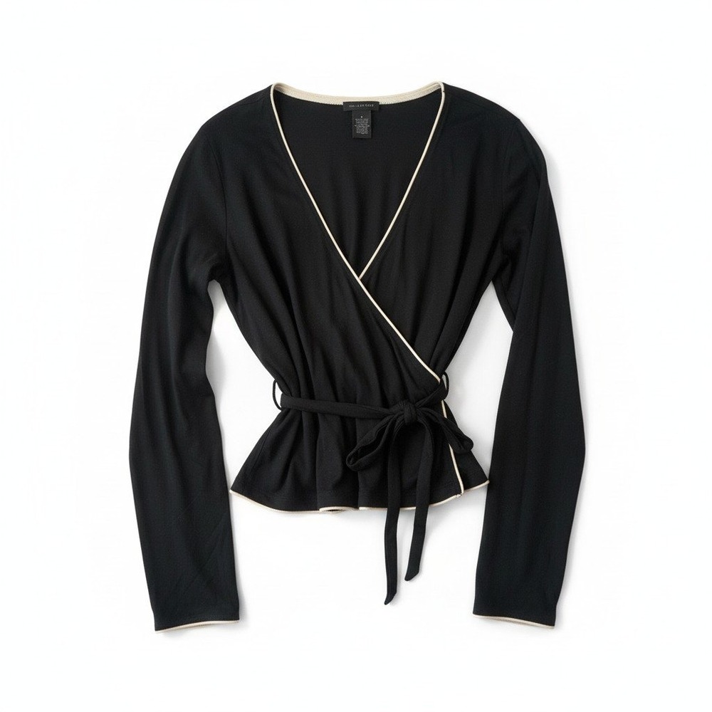 The Limited Womens Black Lyocell Wrap Top Long Sleeve Contrast Trim Small